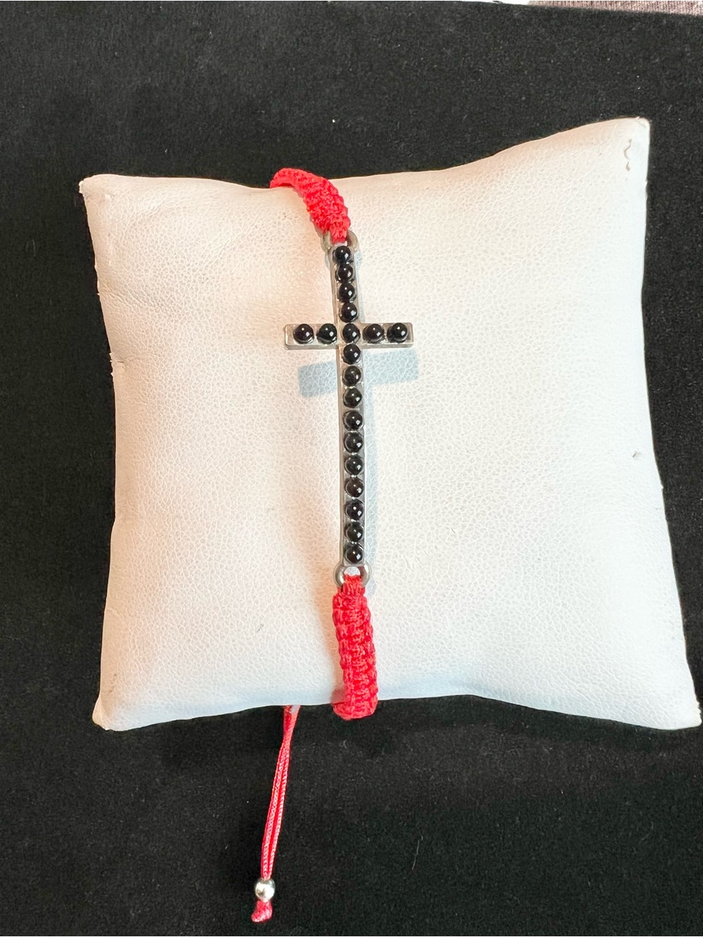NEW Silver Cross Bracelet Black Bead Accents Red Cord Stainless Steel Adjustable